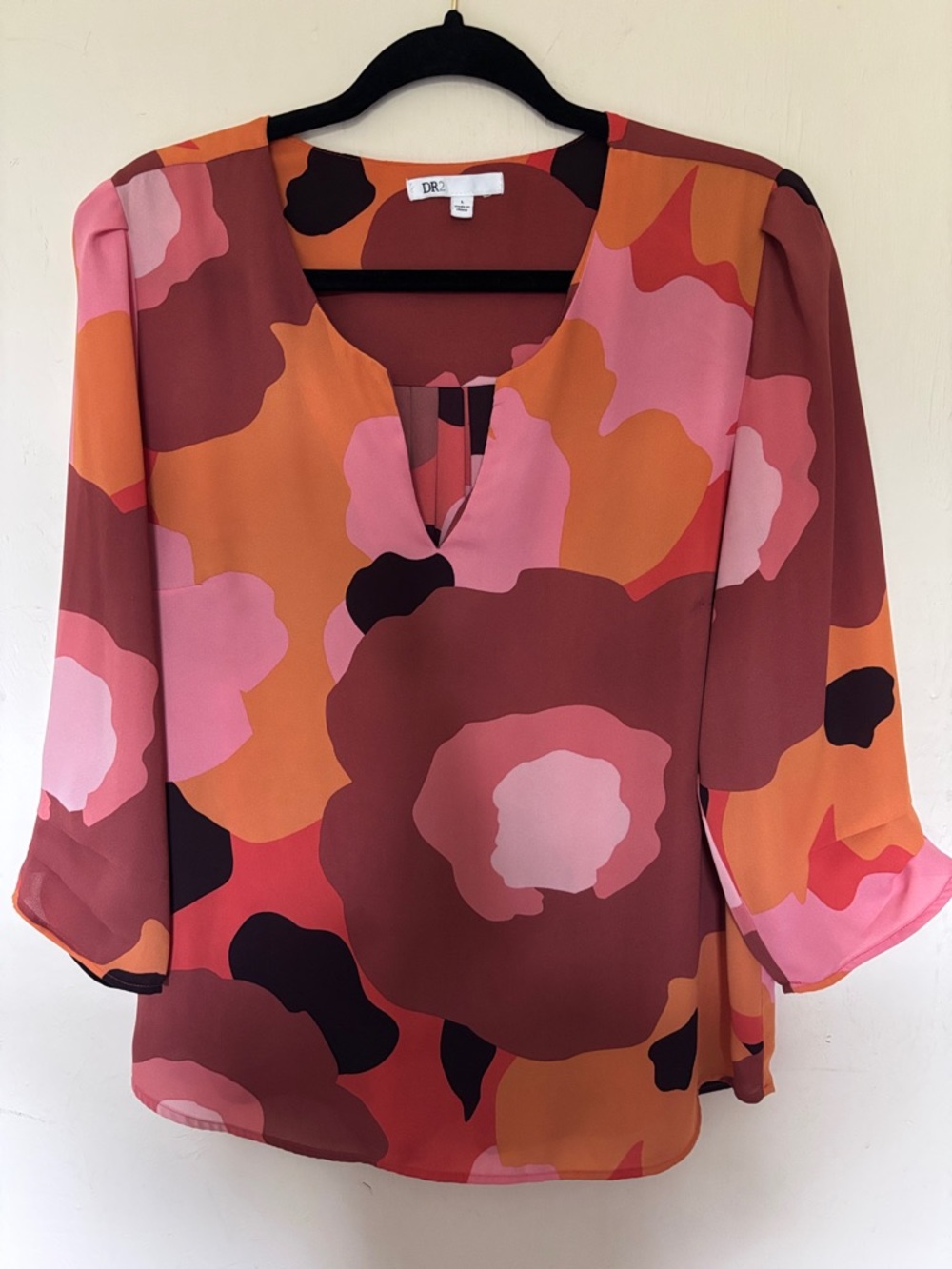 DR2 Multicolor Floral Scoop Neck Blouse in Pink, Orange & Brown